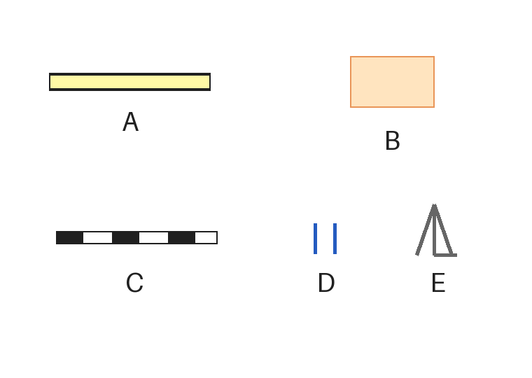 5つの拡大記号をA~Eと表示した模式図。Aは淡黄色の帯を挟む平行線、Bは薄橙色の四角い外周、Cは交互の白黒区間を持つ線、Dは青色の短い平行線2本、Eは灰色の樹木形です。